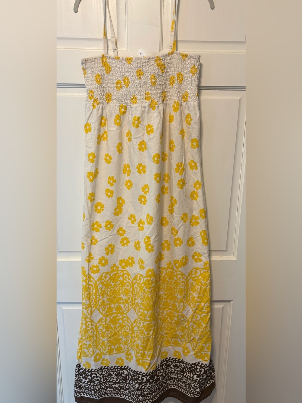 Roxy yellow hibiscus flower smocked hippie bohemian maxi dress l large sundress
